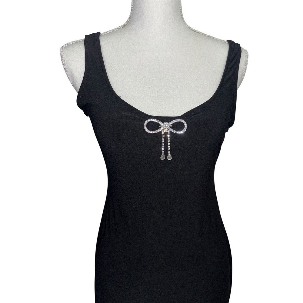 NWT VTG Bebe S Black Rhinestone Bow‎ Mini Dress USA Made Bodycon Party Y2K Bling - Picture 5 of 8